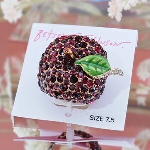 Betsey Johnson 7.5 Apple Ring Red Rhinestone Embellished Fall Winter Novelty